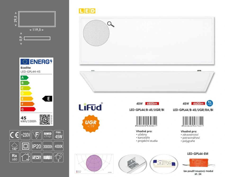 LED panel 45 W 295×1195 mm 4000 K 4600 lm biely