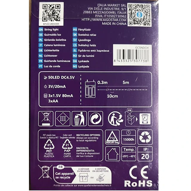 LED vianočná dekorácia na batérie 5m  studená biela