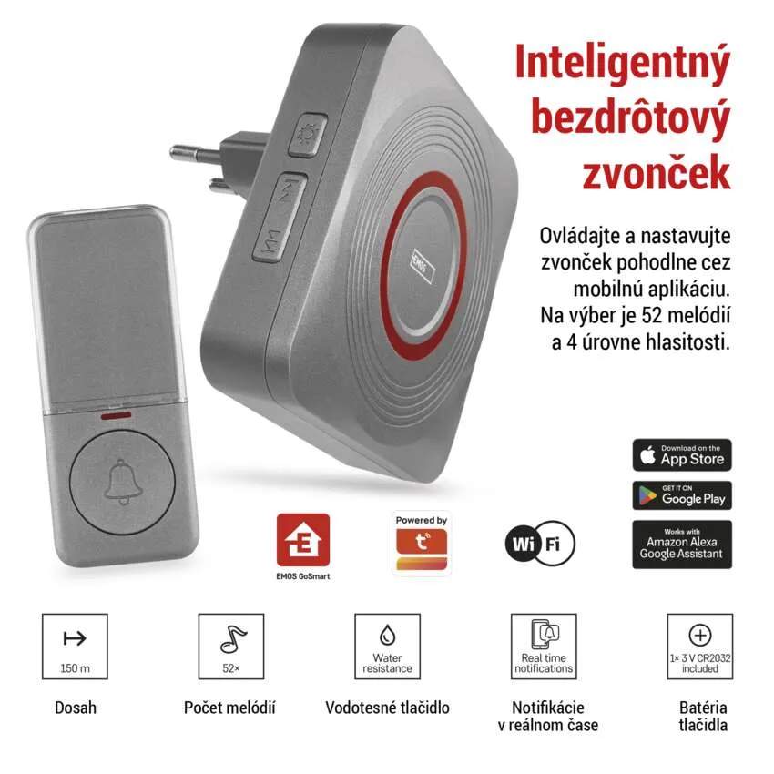 GoSmart Domový bezdrôtový zvonček do zásuvky s WiFi, šedý