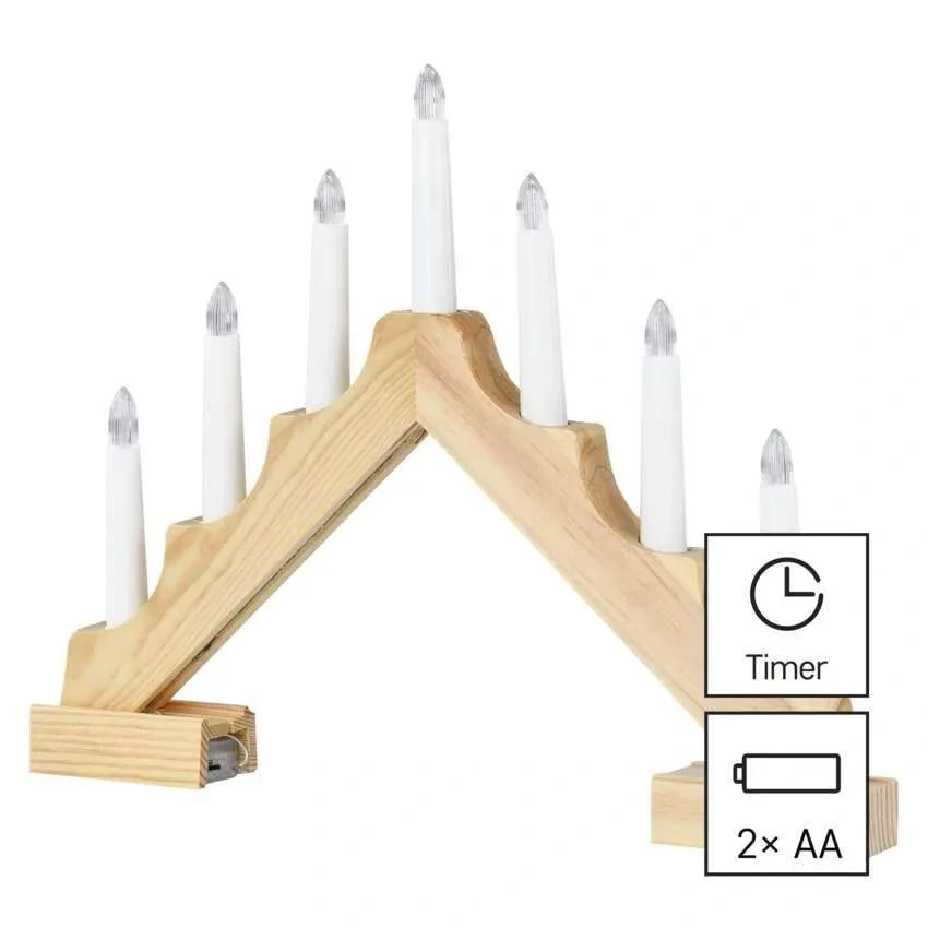LED svietnik drevený, 29 cm, 2x AA, vnútorný, teplá biela, časovač