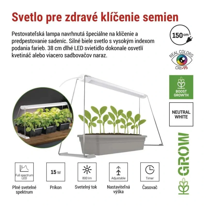 LED GROW pestovateľská lampa na sadenice 15 W, časovač, biela