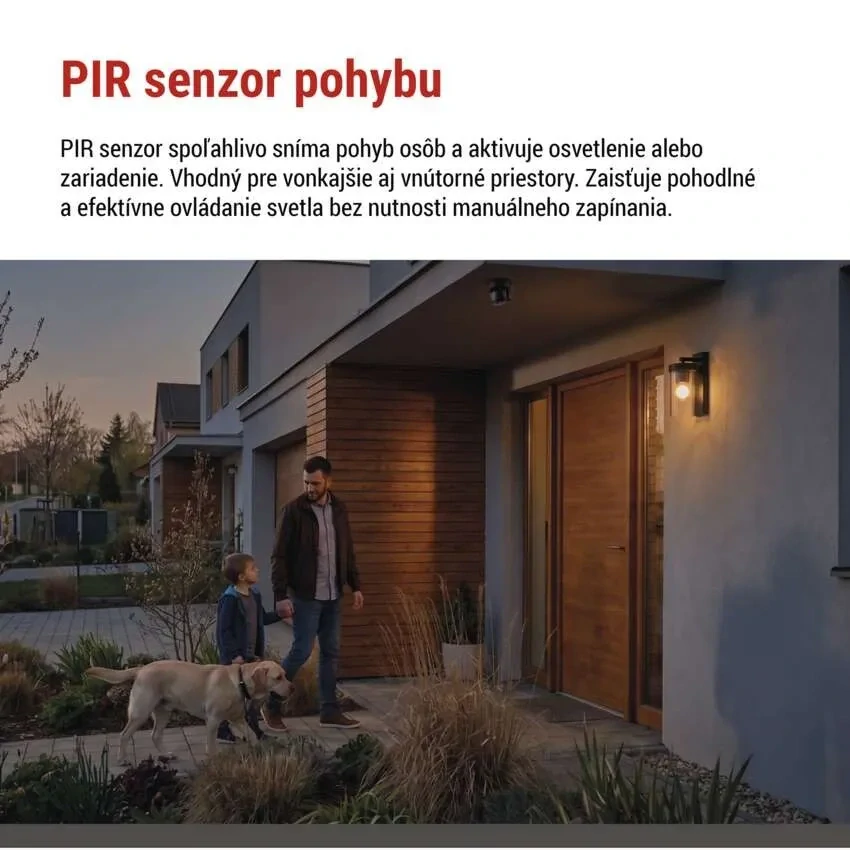Čierny PIR senzor pohybu EMOS GS14251 nad vchodom rodinného domu – automatické rozsvietenie pri príchode