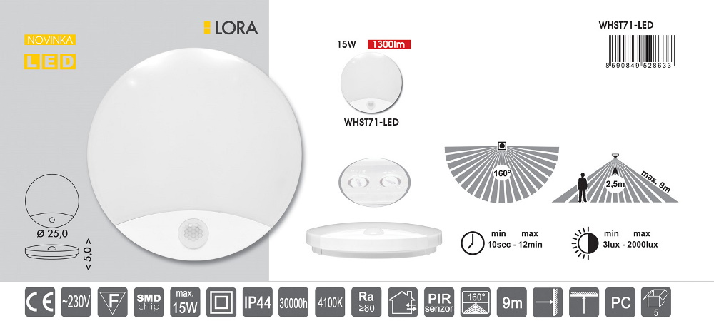 LED stropné svietidlo LORA 15W, 4100K, IP44, 1300lm, PIR