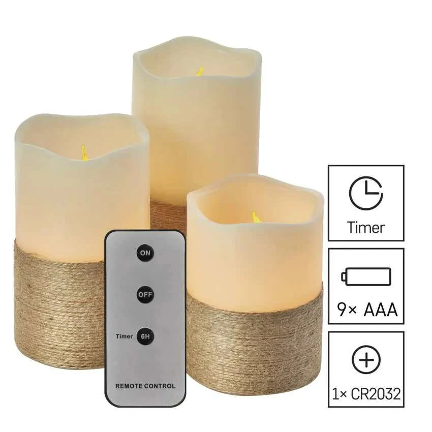 LED dekorácia – 3x vosková sviečka s povrázkom, 3x 3x AAA, vnútorná, vintage, ovládač