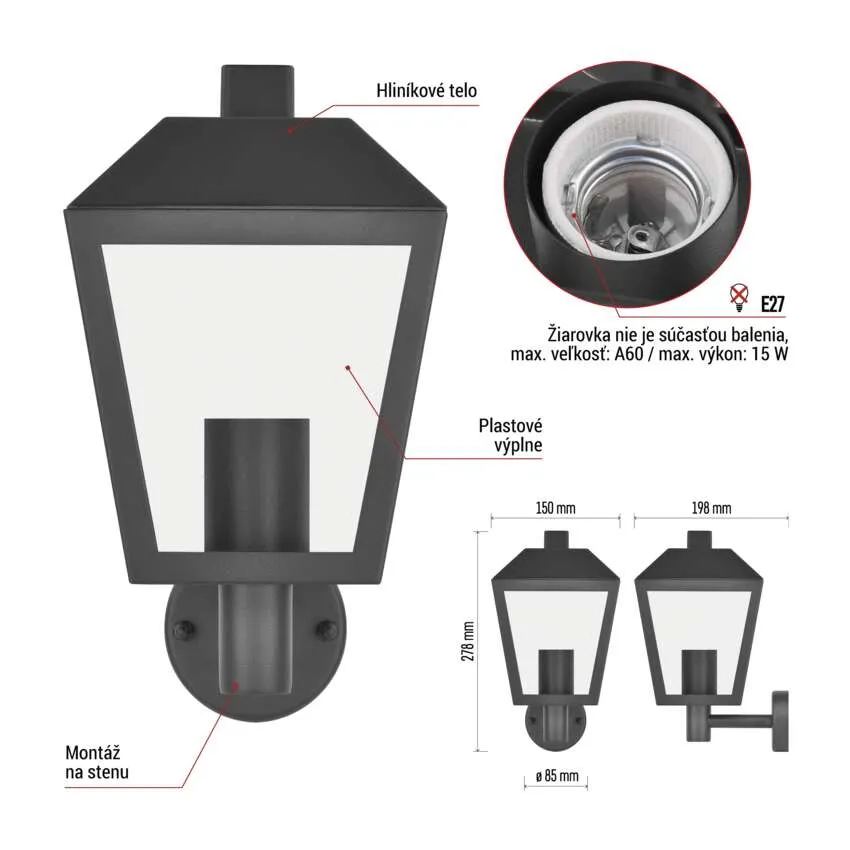 Záhradné nástenné svietidlo ADENIA, antracit, E27, IP44
