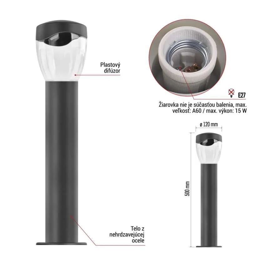 Záhradné stĺpikové svietidlo ARTEO, 50cm, antracit, E27, IP44