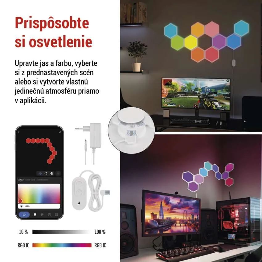GoSmart LED svietidlo Hexagon, štartovacia sada, 10 dielov, 19 W, RGBIC stmievateľné, WiFi