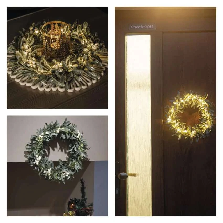 LED dekorácia - veniec z imela, 3x AA, teplá biela, časovač