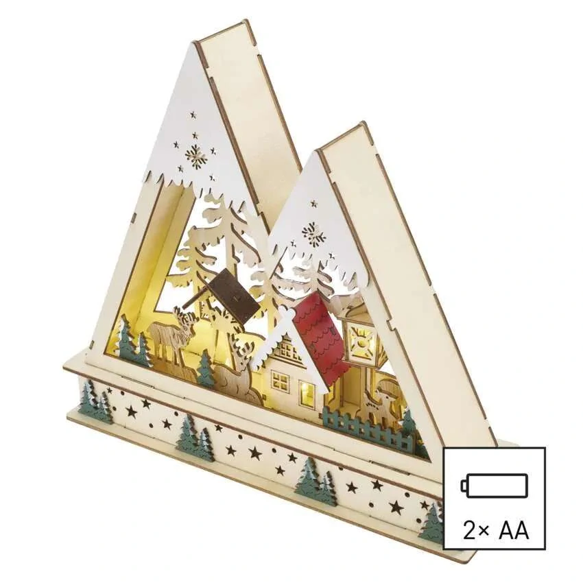 LED drevená vianočná krajina, 23,5 cm, 2x AA, vnútorný, teplá biela, časovač