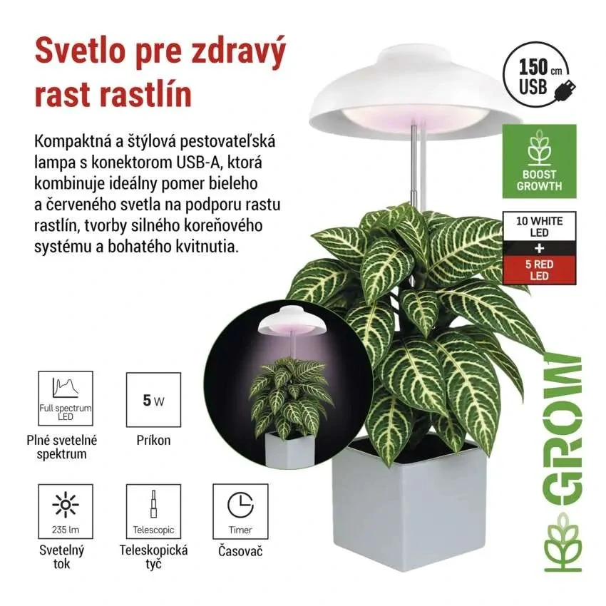 LED GROW pestovateľská lampa 5 W, časovač, biela
