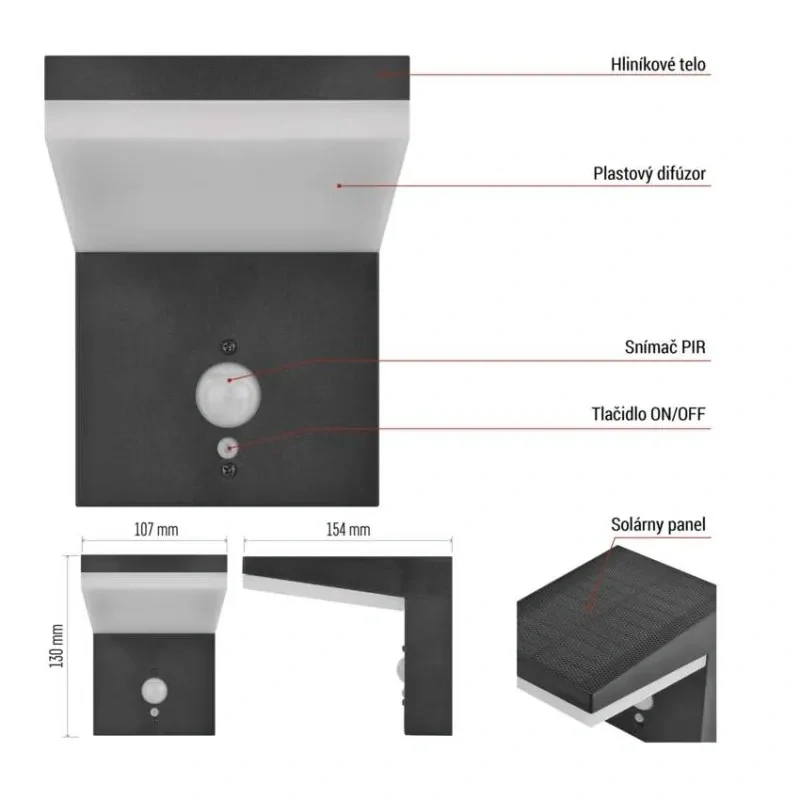 LED solárne nástenné svietidlo VEREA 4,4 W 3000 K IP44 čierne