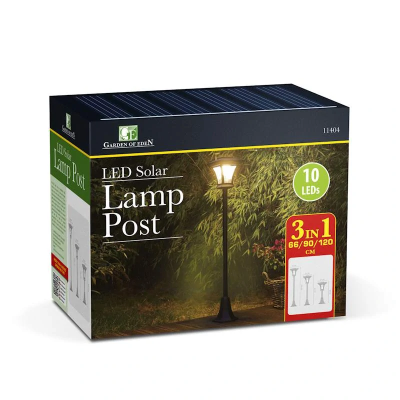 Solárny lampáš 3 v 1 – výška 60/90/120 cm, 10 LED, teplá biela, IP44, čierny