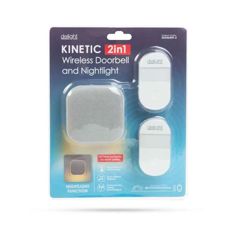 Bezdrôtový zvonček 2 v 1 Kinetic – nočné svetlo, 2 tlačidlá, 36 melódií, biely