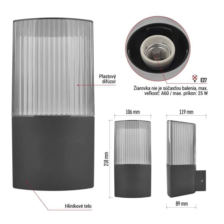 Záhradné nástenné svietidlo LANA, antracit, E27, IP54