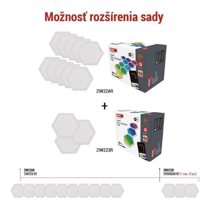 GoSmart LED svietidlo Hexagon, štartovacia sada, 10 dielov, 19 W, RGBIC stmievateľné, WiFi