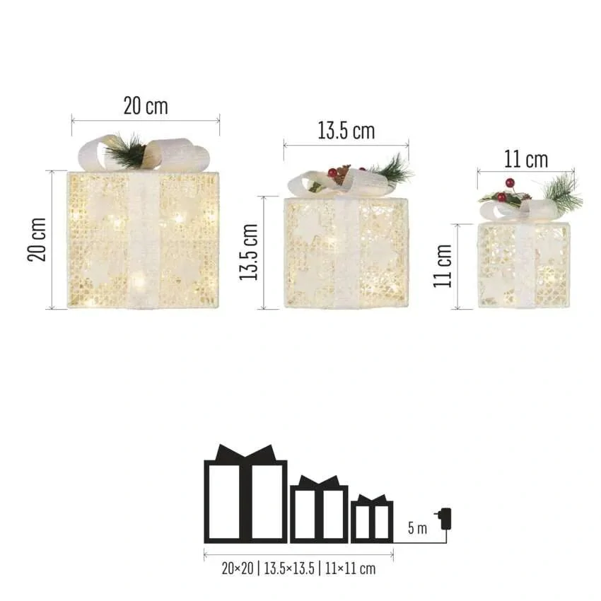 LED darčeky s ozdobou, 3 veľkosti, vnútorné, teplá biela