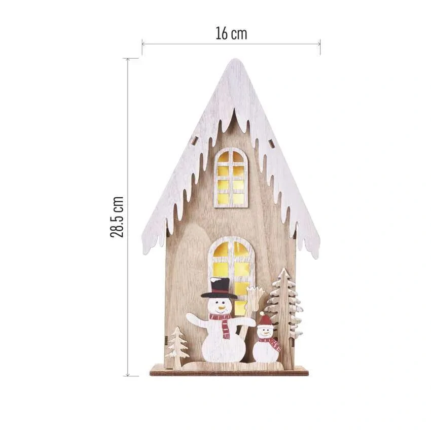 LED dekorácia drevená – dom so snehuliakmi, 28,5 cm, 2x AA, vnútorná, teplá biela, časovač