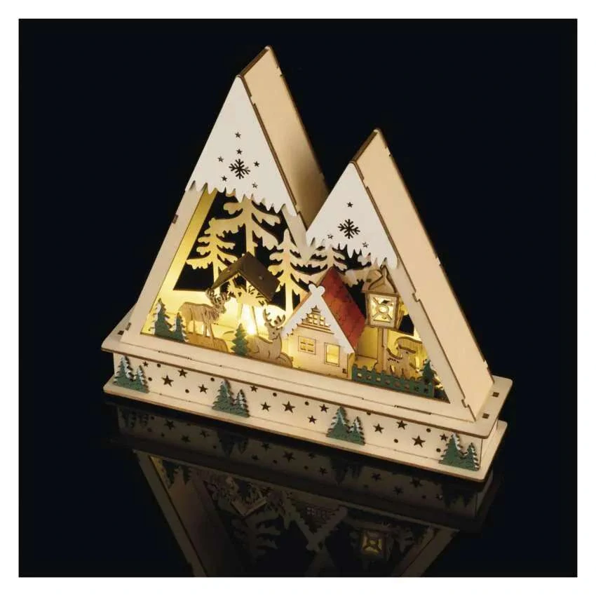 LED drevená vianočná krajina, 23,5 cm, 2x AA, vnútorný, teplá biela, časovač