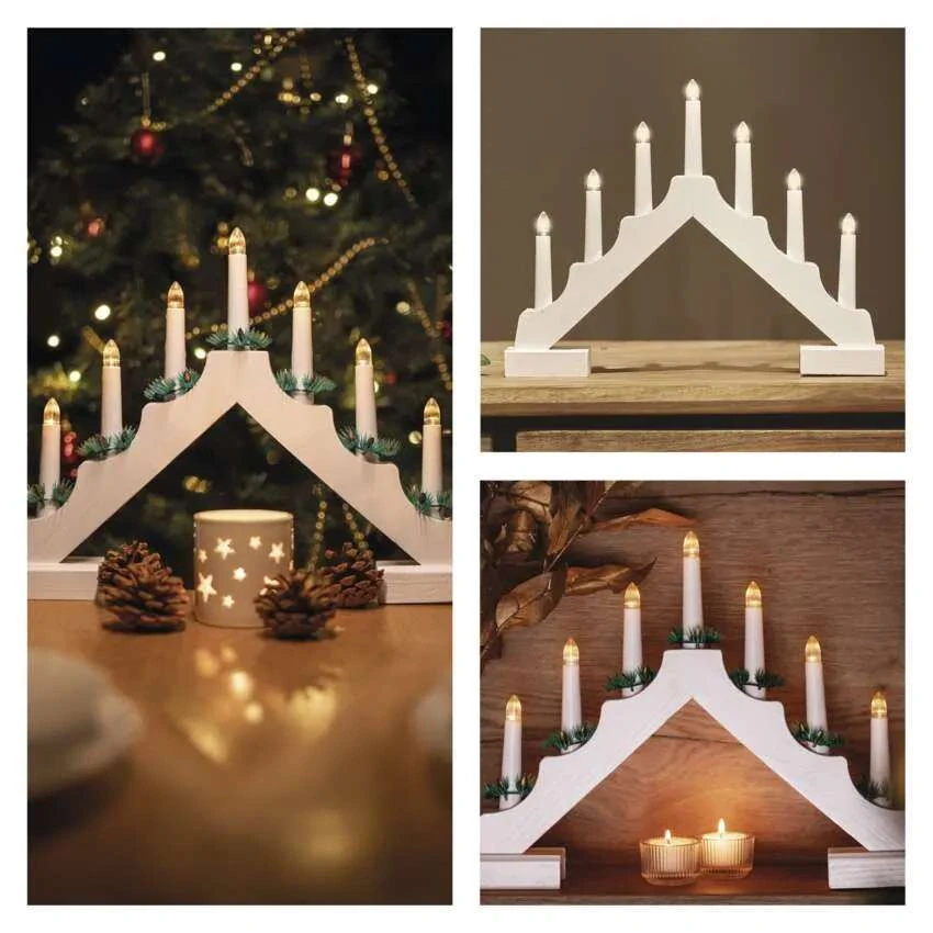 LED svietnik drevený biely, 29 cm, 2x AA, vnútorný, teplá biela, časovač