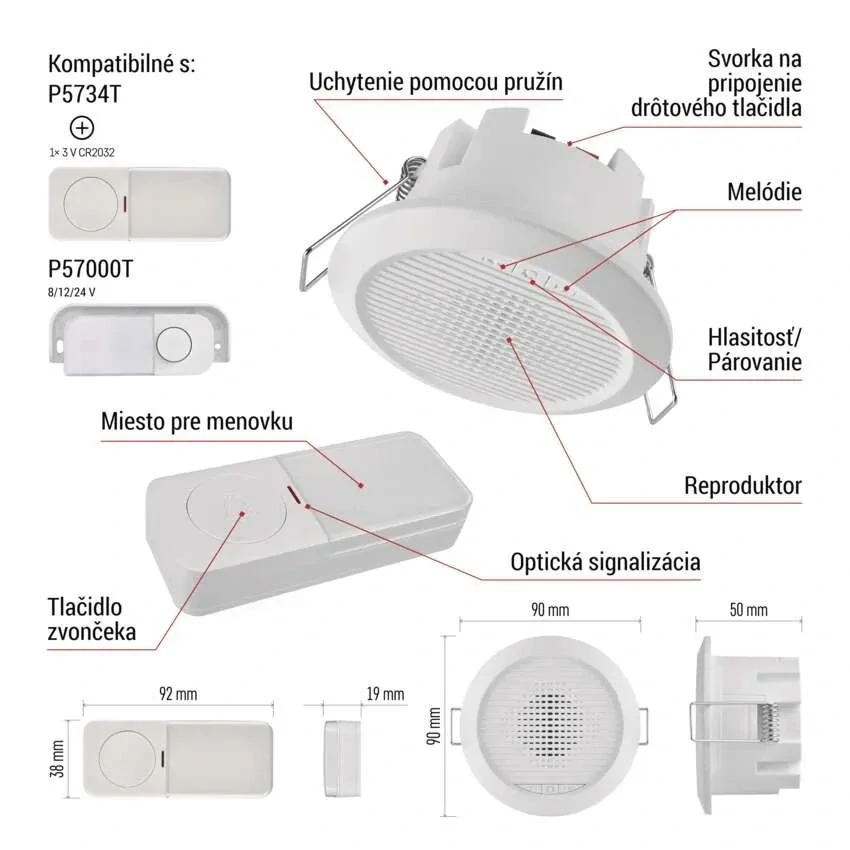 Domový drôtový/bezdrôtový zvonček P57103, vstavaný