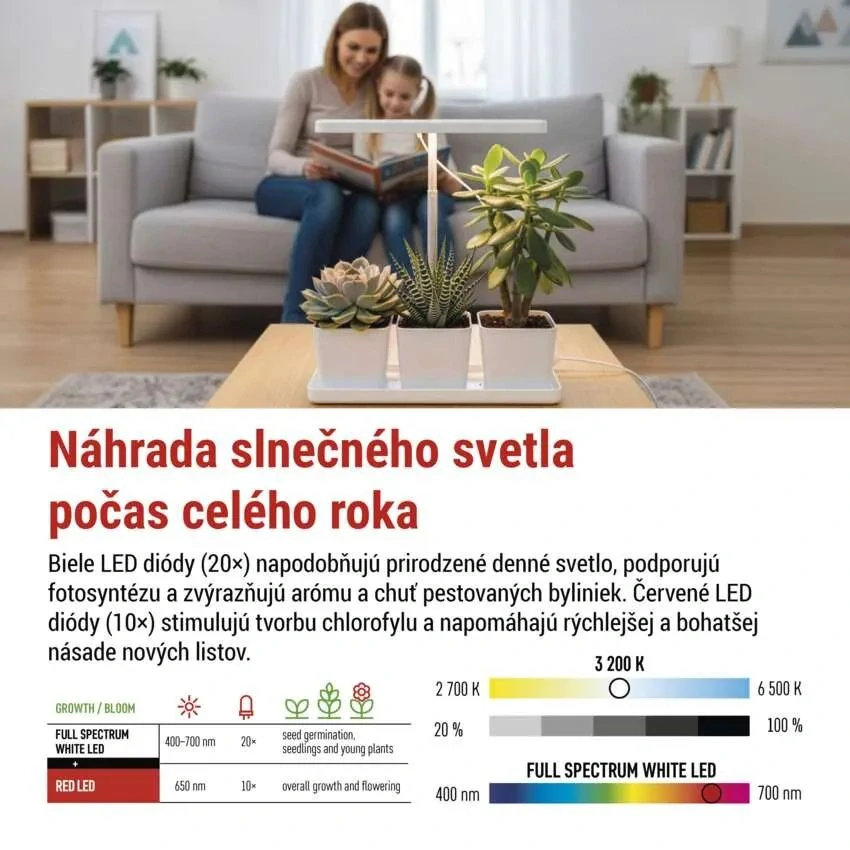 LED GROW pestovateľská lampa 7 W, časovač, stmievateľná lampa, biela