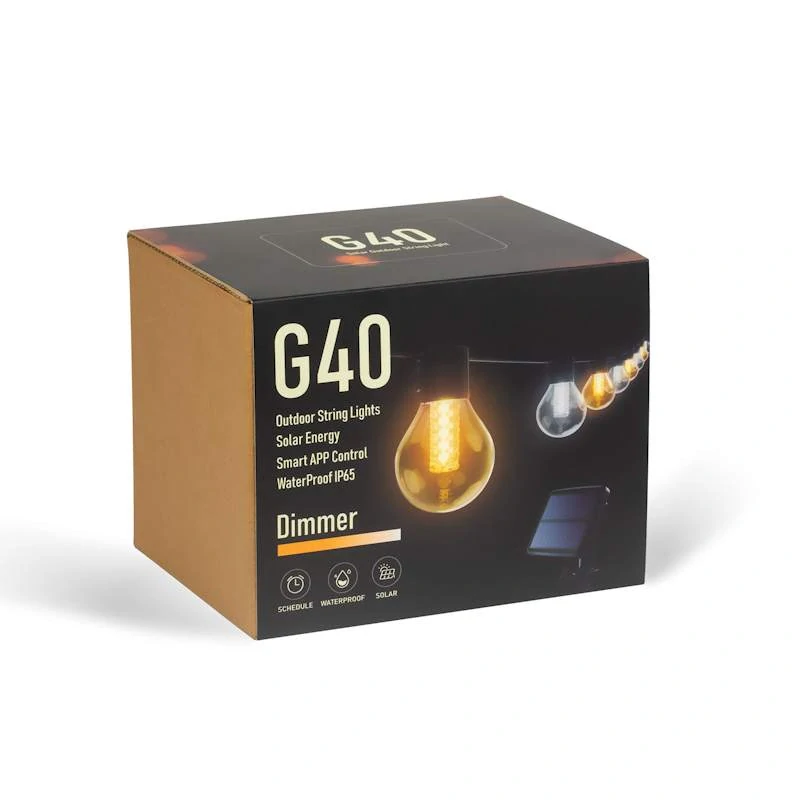 SMART solárna LED reťaz G40 – 15 žiaroviek, Bluetooth + IR ovládač, 21 h, IP65