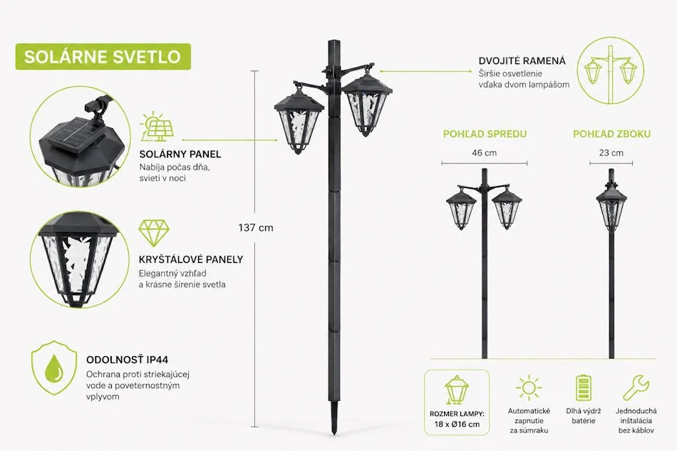 Solárny dvojitý svietnik 137 cm – kryštálové lampy, studená biela, IP44