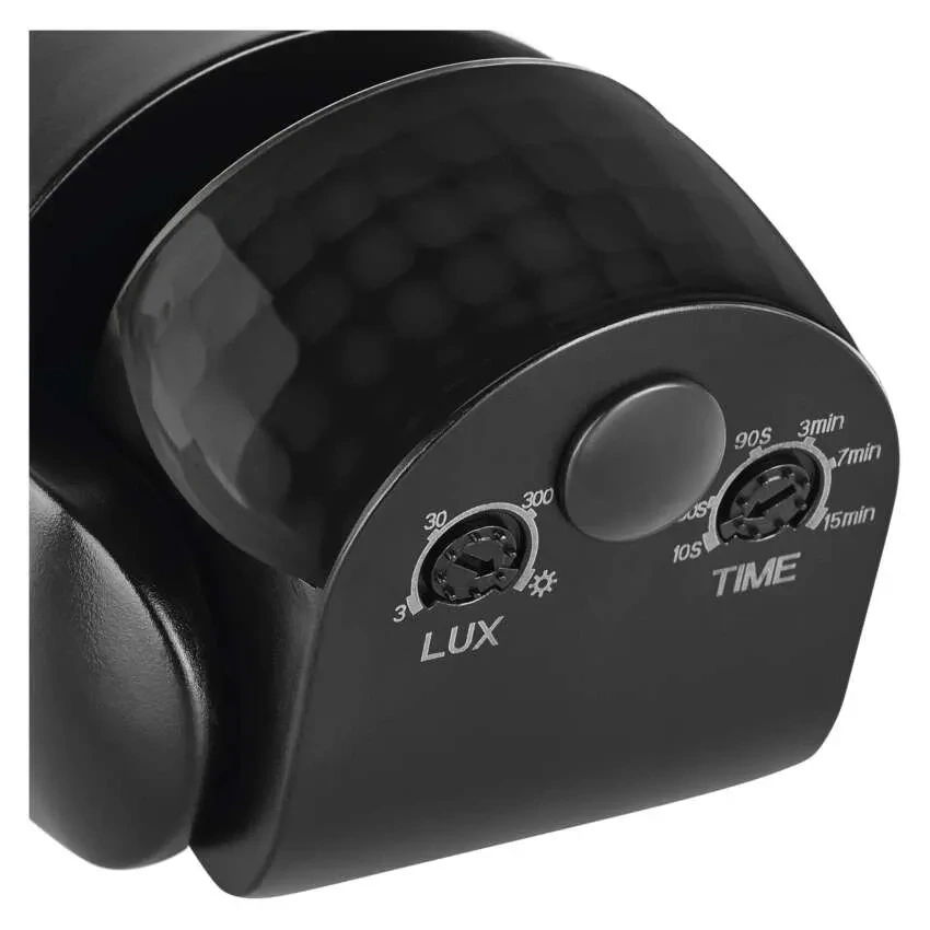 Regulátory LUX a TIME na tele čierneho PIR senzora EMOS GS14251 – stupnica 10S, 30S, 90S, 3min, 7min, 15min