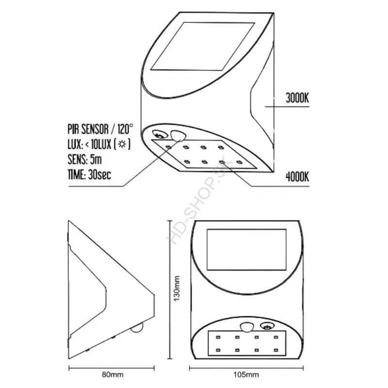 LED biele nástenné solárne svietidlo 3W / 300lm / 3000K / 4000K 