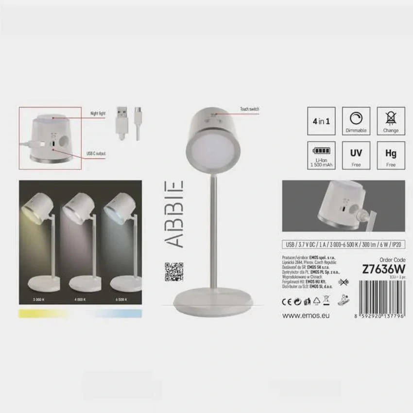 LED akumulátorová stolná lampa ABBIE biela