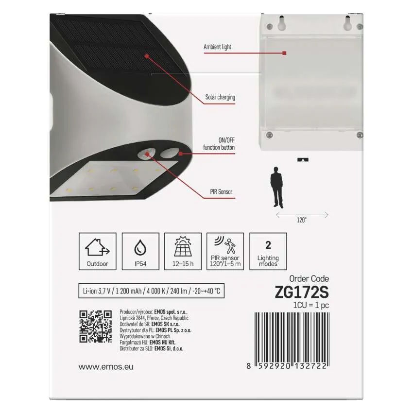 LED solárne svietidlo LUMI so senzorom pohybu, 240lm, 4000K