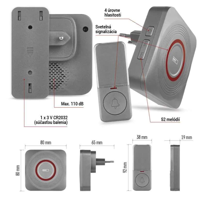 GoSmart Domový bezdrôtový zvonček do zásuvky s WiFi, šedý