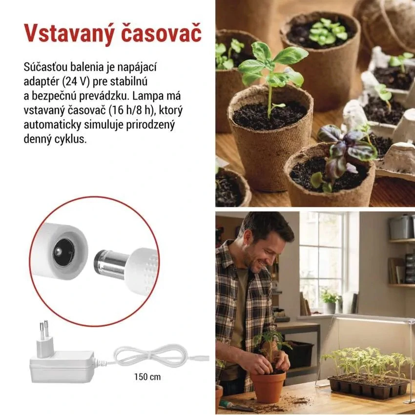 LED GROW pestovateľská lampa na sadenice 15 W, časovač, biela