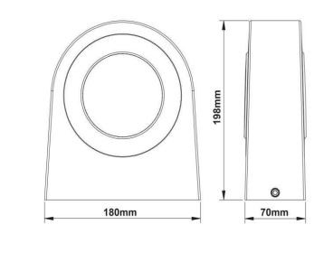 Rozmerový nákres svietidla VITO ARCOS – šírka 180 mm, vyloženie od steny 198 mm, výška 70 mm