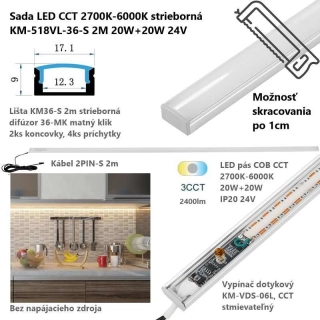 Univerzálna LED CCT sada strieborná, 2 m, Prisadená