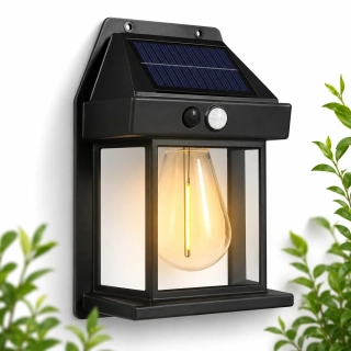 Solárna nástenná lampa PIR – filament LED – čierna