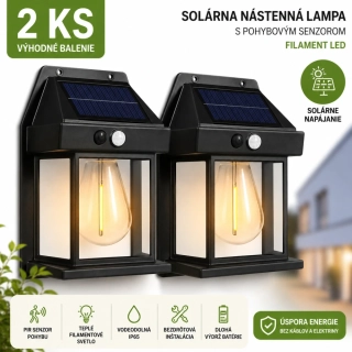 2 x Solárna nástenná lampa PIR – filament LED – čierna