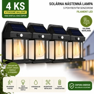 4 x Solárna nástenná lampa PIR – filament LED – čierna