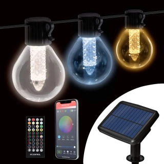SMART solárna LED reťaz G40 – 15 žiaroviek, Bluetooth + IR ovládač, 21 h, IP65