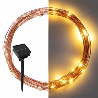 LED nano reťaz so solárnym panelom, medená, 12 m, vonkajšia aj vnút., teplá biela, časovač