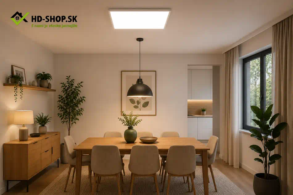 Kombinácia LED panelu a závesnej lampy v jedálni – ideálne riešenie pre väčšinu domácností