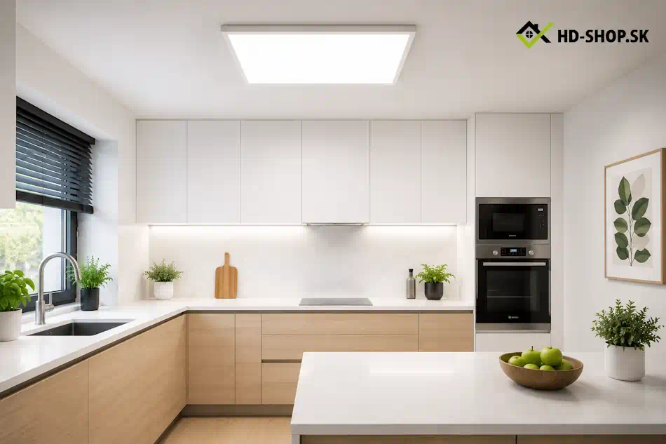 LED panel v modernej kuchyni – jasné rovnomerné svetlo bez tieňov na pracovnej doske
