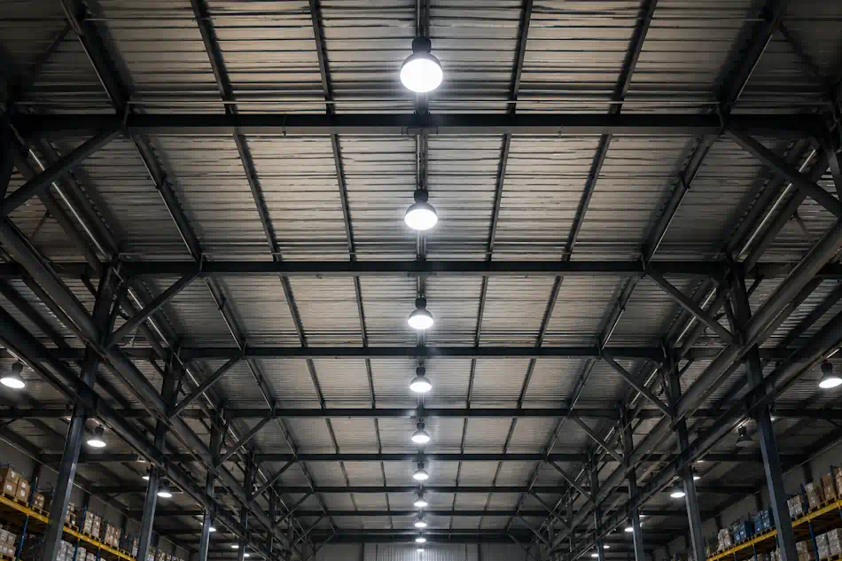 LED High Bay svietidlá zavesené pod stropom vysokej skladovej haly