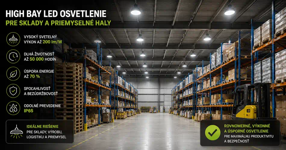 Skladová hala s výkonným LED High Bay osvetlením nad regálmi
