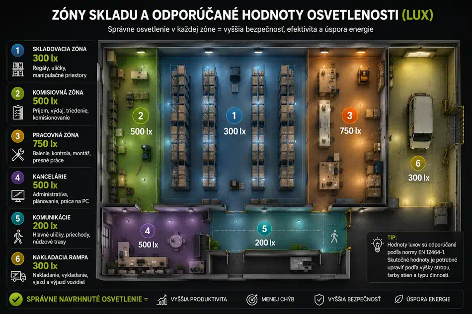 Infografika – odporúčané úrovne osvetlenia podľa zón v sklade